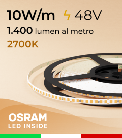 Striscia LED 48V Sottile 5mm - 10W/m -  208 LED/m SMD2835 Osram - CRI90 - Luce Calda 2700K - IP20