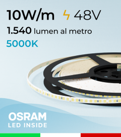 Striscia LED 48V Sottile 5mm - 10W/m -  208 LED/m SMD2835 Osram - CRI90 - Bianco FREDDO 5000K - IP20