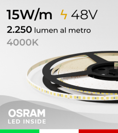 Striscia LED 48V Sottile 5mm - 15W/m -  208 LED/m SMD2835 Osram - CRI90 - Bianco NATURALE 4000K - IP20