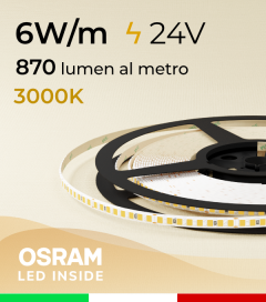 Striscia LED 48V Sottile 5mm - 6W/m -  208 LED/m SMD2835 Osram - CRI90 - Bianco CALDO 3000K - IP20