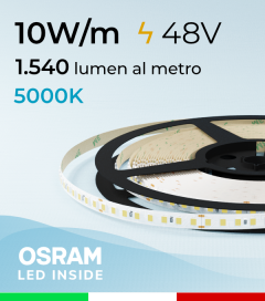 Striscia LED 48V - 10W/m -  144 LED/m SMD2835 Osram - CRI90 - Bianco FREDDO 5000K - IP20