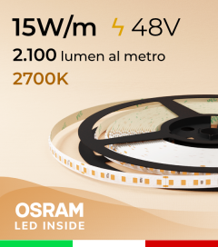 Striscia LED 48V - 15W/m -  144 LED/m SMD2835 Osram - CRI90 - Luce Calda 2700K - IP20