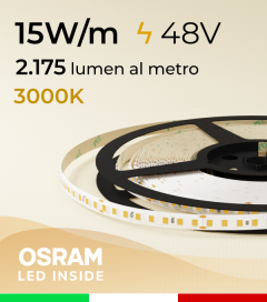 Striscia LED 48V - 15W/m -  144 LED/m SMD2835 Osram - CRI90 - Bianco CALDO 3000K - IP20