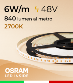 Striscia LED 48V - 6W/m -  144 LED/m SMD2835 Osram - CRI90 - Luce Calda 2700K - IP20