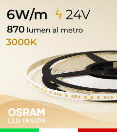 Striscia LED 48V - 6W/m -  144 LED/m SMD2835 Osram - CRI90 - Bianco CALDO 3000K - IP20
