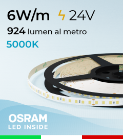 Striscia LED 48V - 6W/m -  144 LED/m SMD2835 Osram - CRI90 - Bianco FREDDO 5000K - IP20