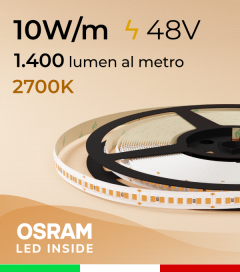 Striscia LED 48V - 10W/m -  208 LED/m SMD2835 Osram - CRI90 - Luce Calda 2700K - IP20