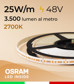 Striscia LED 48V - 25W/m -  208 LED/m SMD2835 Osram - CRI90 - Luce Calda 2700K - IP20