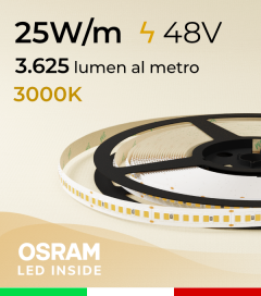 Striscia LED 48V - 25W/m -  208 LED/m SMD2835 Osram - CRI90 - Bianco CALDO 3000K - IP20