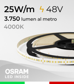 Striscia LED 48V - 25W/m -  208 LED/m SMD2835 Osram - CRI90 - Bianco NATURALE 4000K - IP20