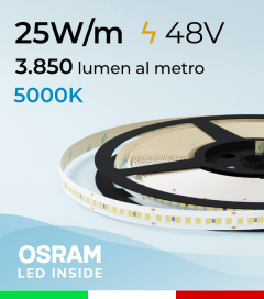 Striscia LED 48V - 25W/m -  208 LED/m SMD2835 Osram - CRI90 - Bianco FREDDO 5000K - IP20