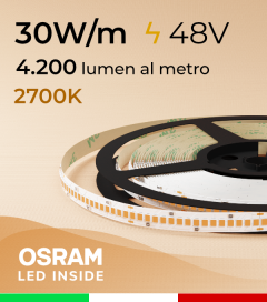 Striscia LED 48V - 30W/m -  256 LED/m SMD2835 Osram - CRI90 - Luce CALDA 2700K - IP20