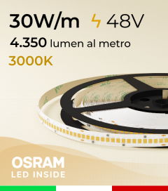 Striscia LED 48V - 30W/m -  256 LED/m SMD2835 Osram - CRI90 - Bianco CALDO 3000K - IP20