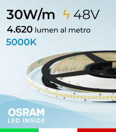 Striscia LED 48V - 30W/m -  256 LED/m SMD2835 Osram - CRI90 - Bianco FREDDO 5000K - IP20