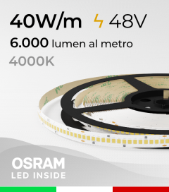 Striscia LED 48V - 40W/m -  256 LED/m SMD2835 Osram - CRI90 - Bianco NATURALE 4000K - IP20